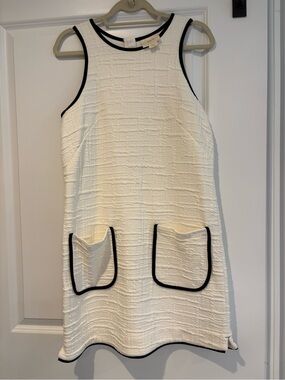 Mauve Cream Textured Shift Dress with Black Trim